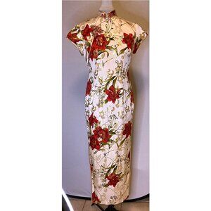 Orchid Boutique Silk off-white Qipao with red, gold and green lily design